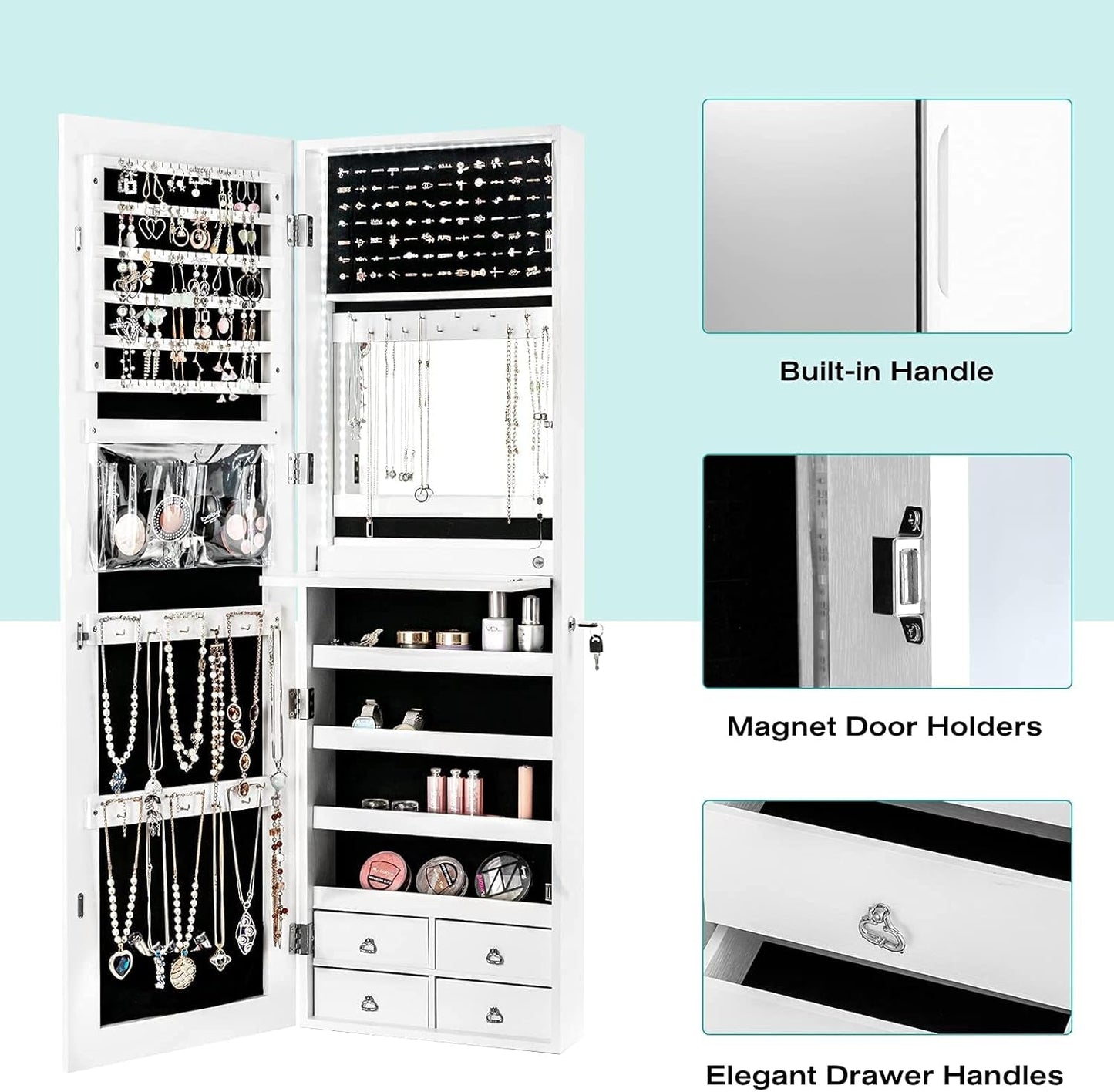 LED Strip Jewelry Armoire with 47.2" H Full Length Mirror, Wall/Door Mounted Jewelry Organizer with Built-In Mirror, Flip-Over Cosmetic Tray, 4 Drawers, Large Storage Jewelry Cabinet (White)