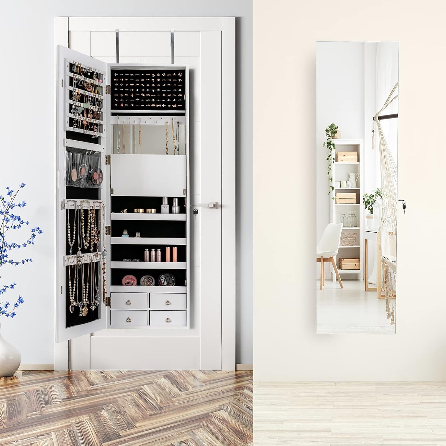 LED Strip Jewelry Armoire with 47.2" H Full Length Mirror, Wall/Door Mounted Jewelry Organizer with Built-In Mirror, Flip-Over Cosmetic Tray, 4 Drawers, Large Storage Jewelry Cabinet (White)