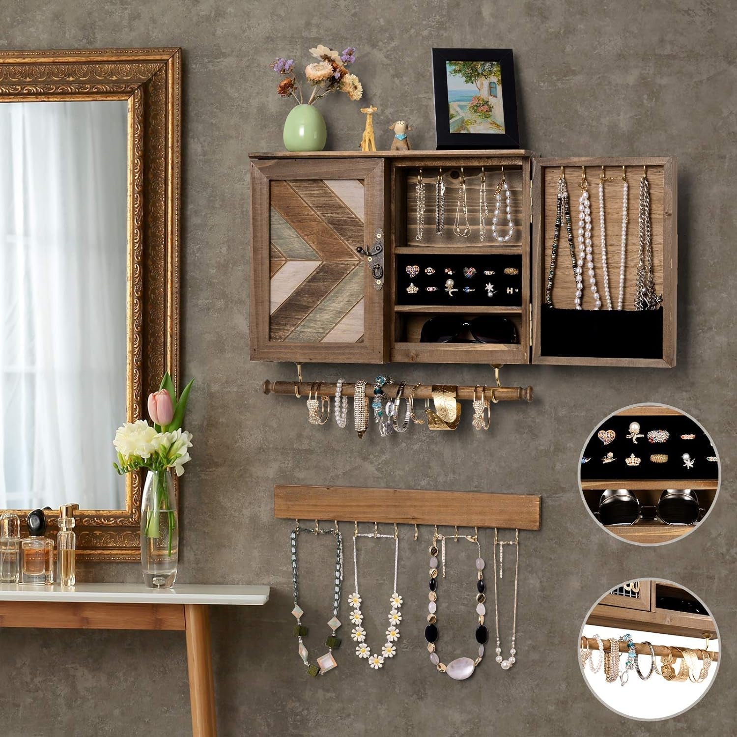 Rustic Wooden Jewelry Organizer Wall Mounted Holder with Removable Bracelet Rod and Hooks for Necklaces Earrings Bracelets Rings