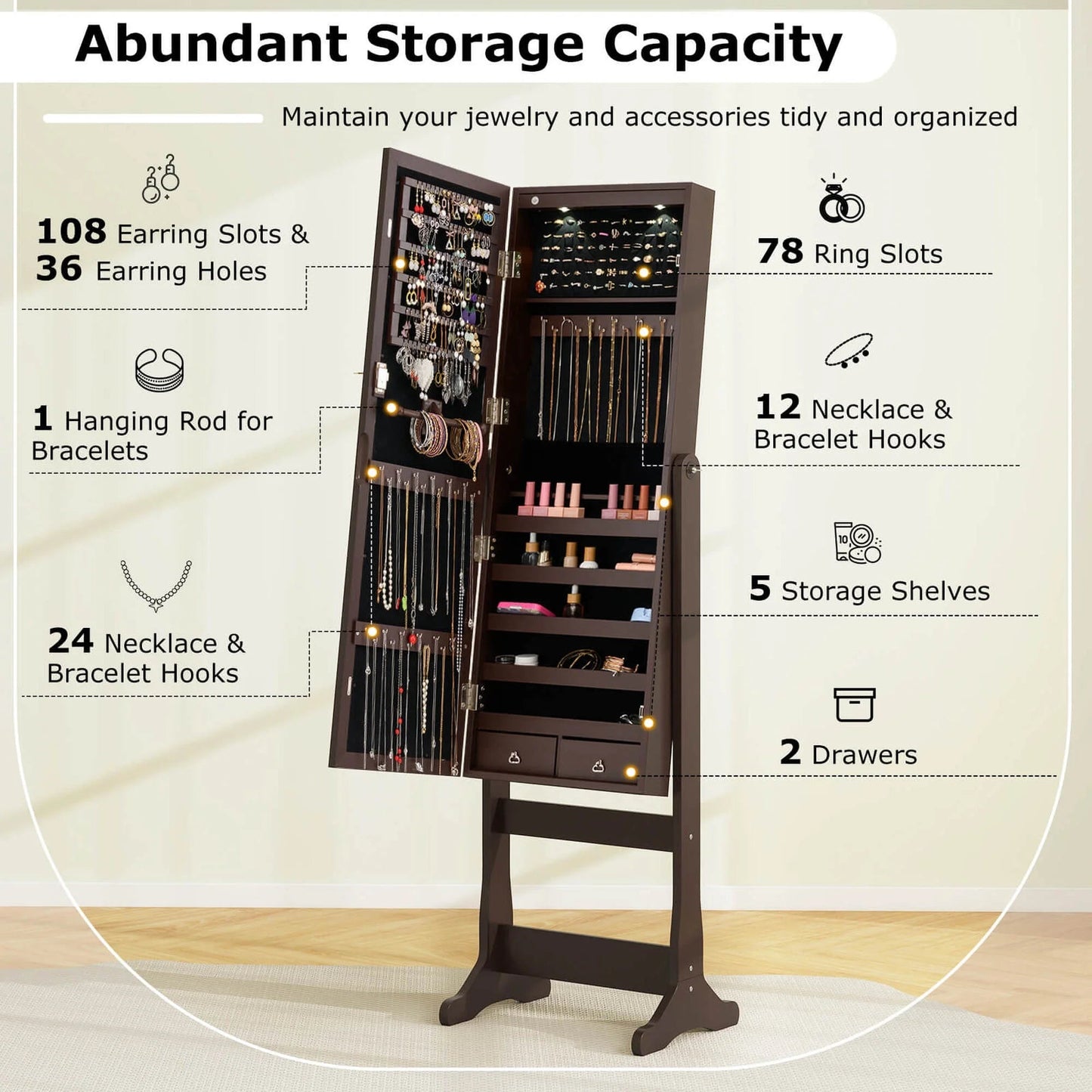 Contemporary MDF Jewelry Cabinet with LED Lights in Brown