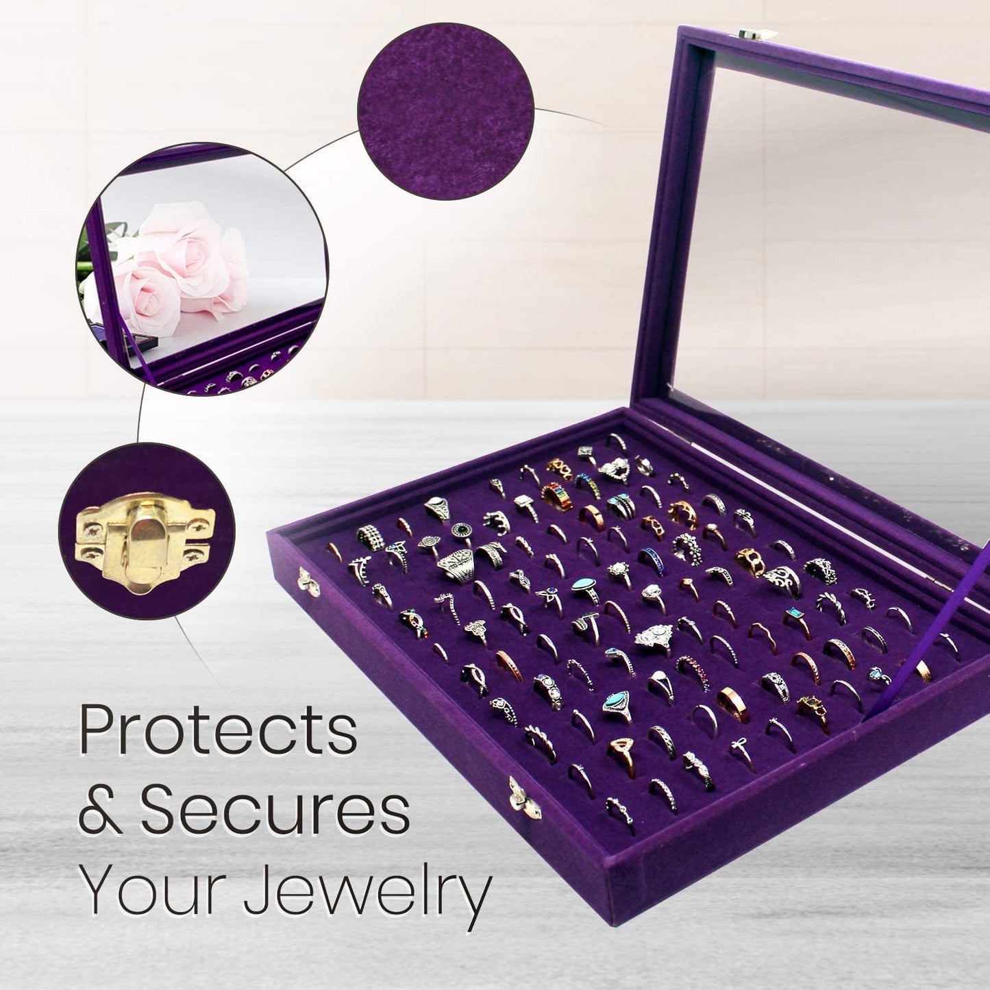 100 Slots Jewelry Ring Organizer Case, Ring Storage Tray for Multiple Rings with Clear Lid, Ring & Earring Holder Storage Box for Shows
