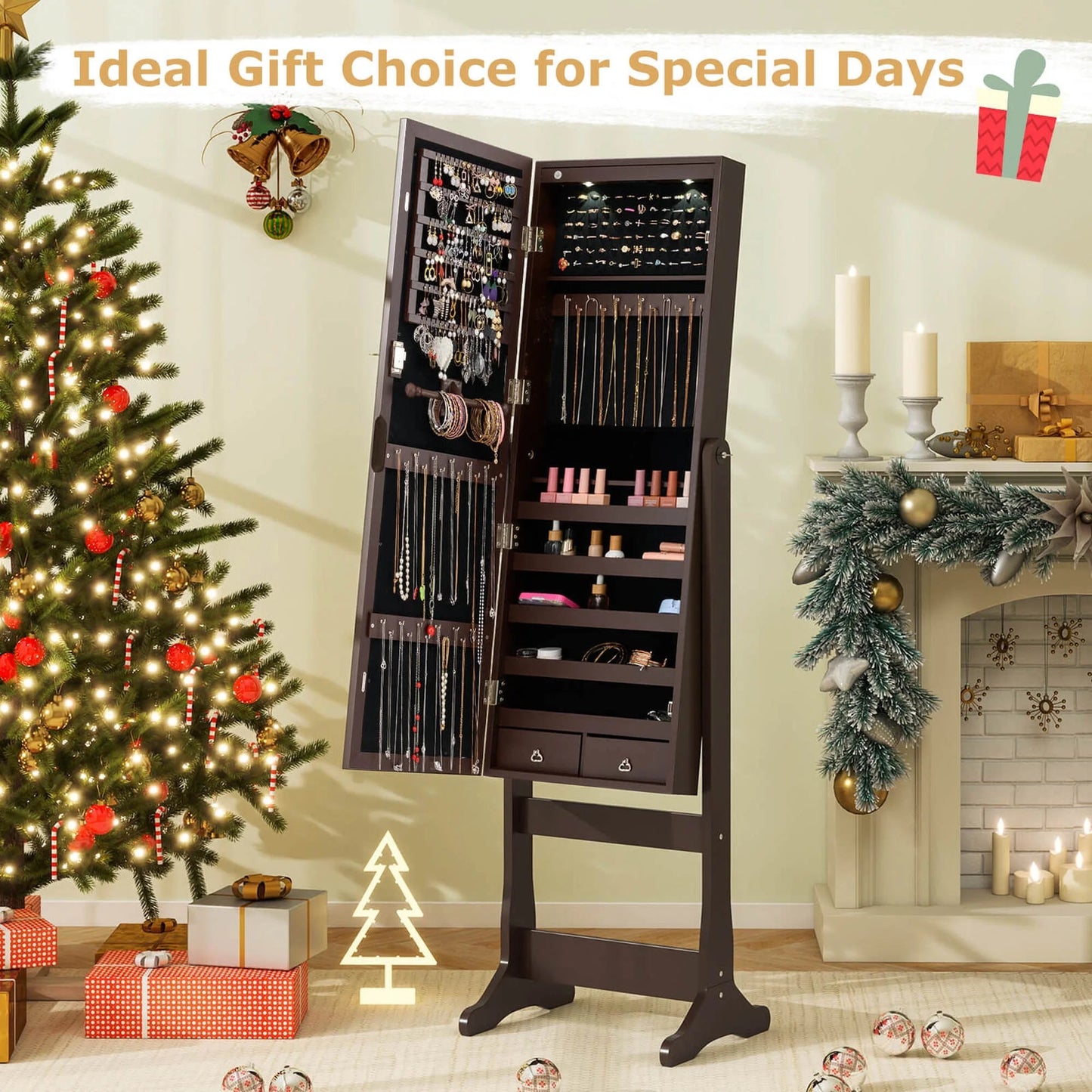 Contemporary MDF Jewelry Cabinet with LED Lights in Brown
