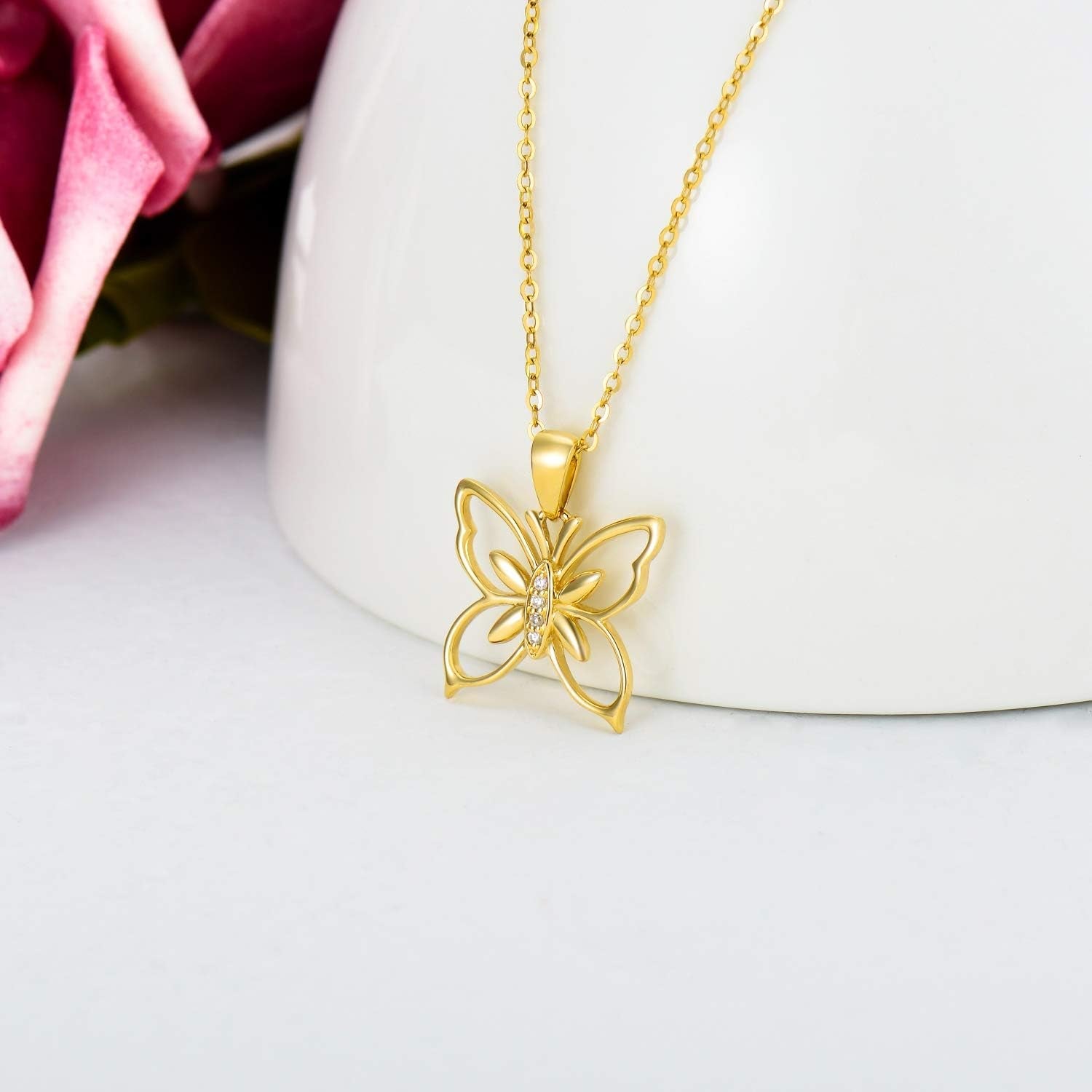 14K Solid Gold Diamond Butterfly Necklace, Genuine Natural Diamonds Delicate Yellow Gold Butterfly Pendant Jewelry Gift for Women Girls 16+2 Inch