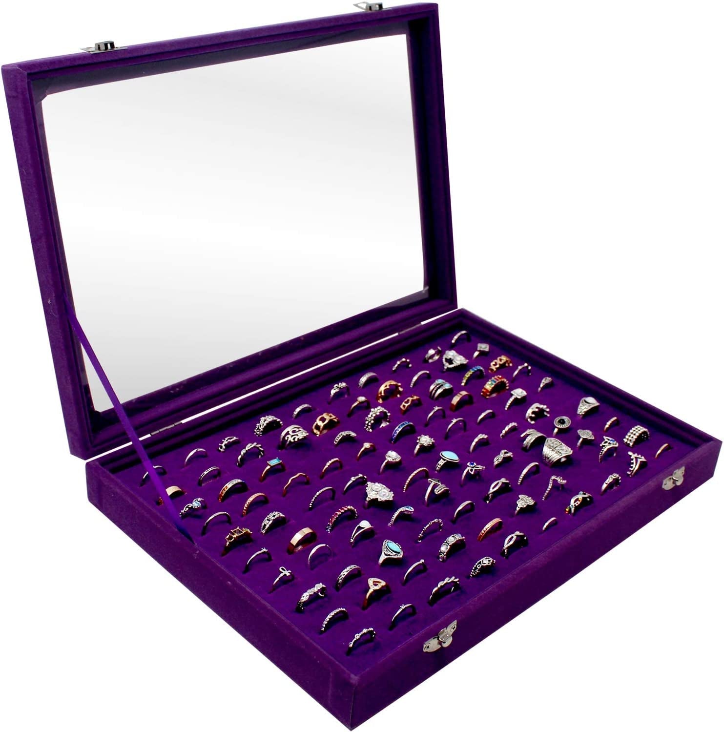 100 Slots Jewelry Ring Organizer Case, Ring Storage Tray for Multiple Rings with Clear Lid, Ring & Earring Holder Storage Box for Shows